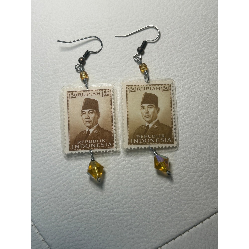 Vintage Indonesian Stamp Earrings Sukarno‎ 150 Rupiah Amber Crystal Dangle